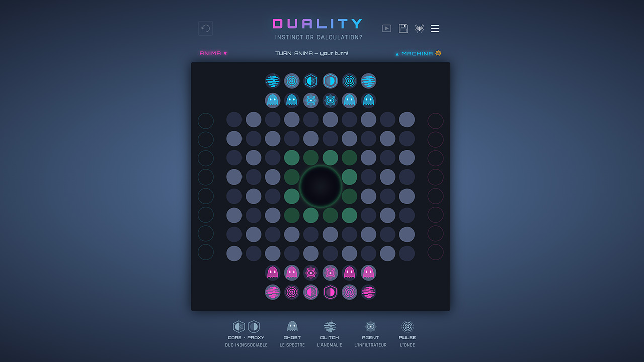 DUALITY gameplay screenshot — The Matrix board with ANIMA and MACHINA pieces in play