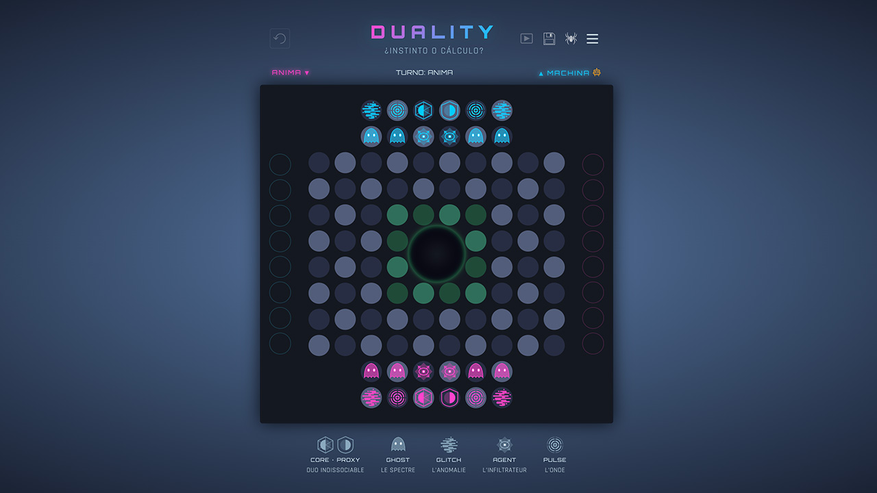Captura de pantalla de DUALITY — tablero La Matriz con piezas ANIMA y MACHINA en juego