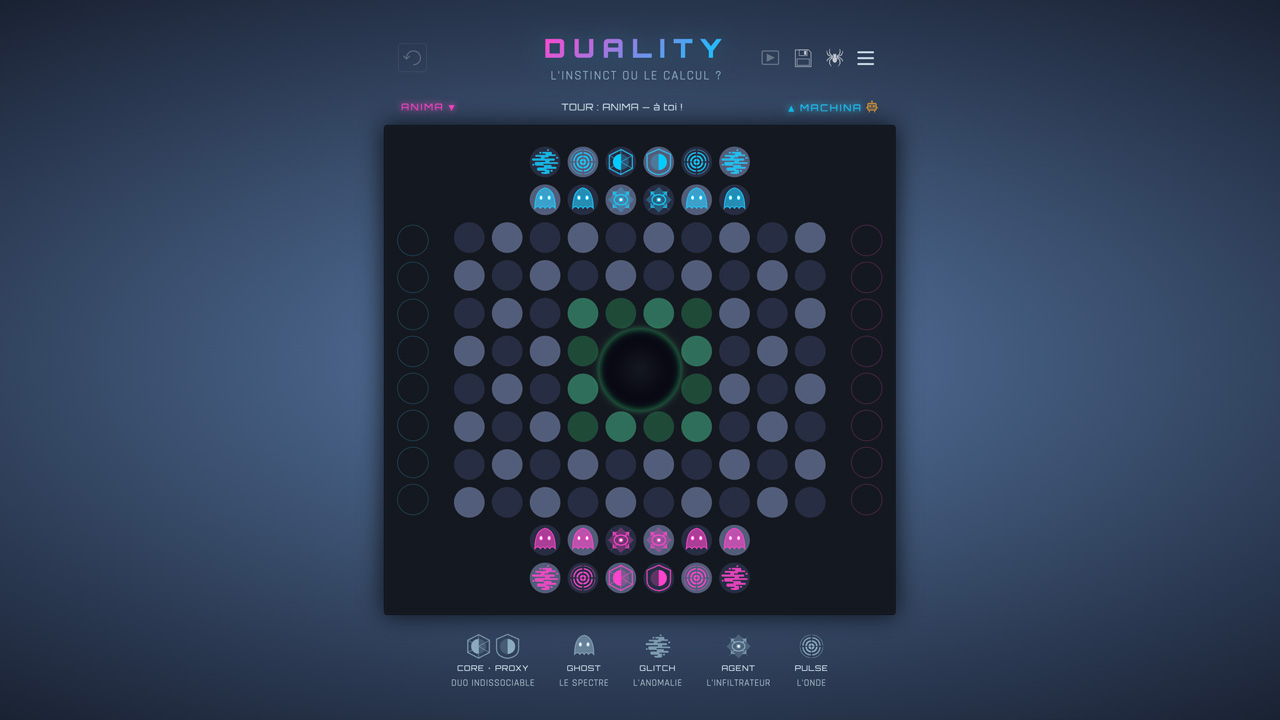 Capture d'écran du jeu DUALITY — plateau La Matrice avec pièces ANIMA et MACHINA en cours de partie