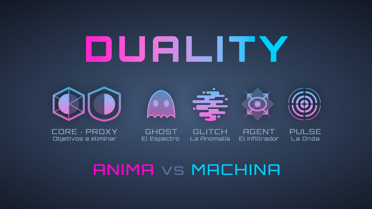 Piezas de DUALITY — CORE, PROXY, GHOST, GLITCH, AGENT y PULSE de los clanes ANIMA y MACHINA