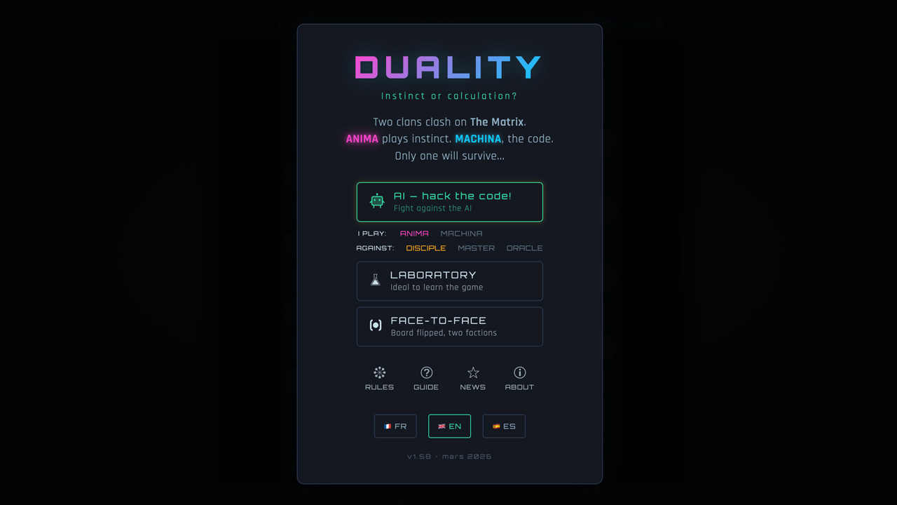 DUALITY home screen — game mode selection: Solo AI, Face-to-Face or Laboratory